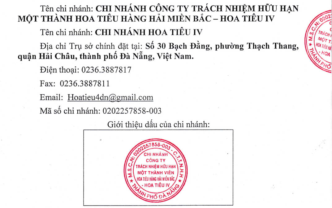 QUYẾT ĐỊNH THÀNH LẬP CHI NHÁNH CÔNG TY TNHH MỘT THÀNH VIÊN HOA TIÊU HÀNG HẢI MIỀN BẮC - HOA TIÊU IV